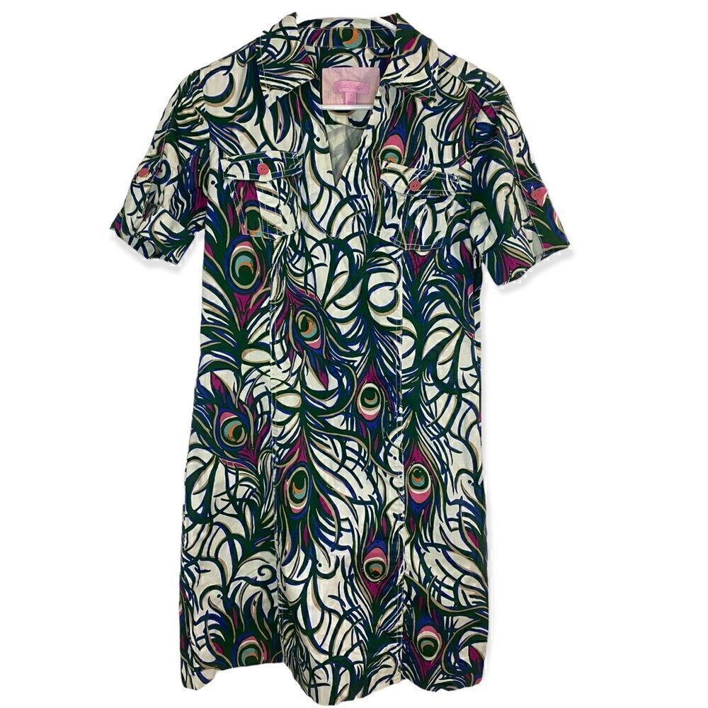 Lilly Pulitzer Size 0 Tickle Me Fancy Peacock Feathers Print Apple Dress Collar